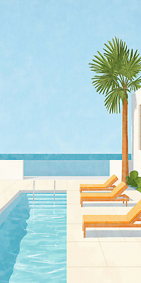 JPG 바다 일러스트 사다리 하늘 수영장 사람없음 파란색 야자수 풀 선베드 국내일러스트 AI일러스트 AI콘텐츠 나무 식물 컬러 의자 도구 파일형식