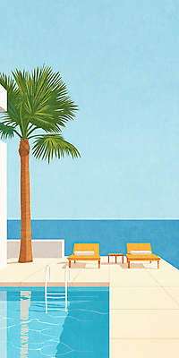 JPG 바다 일러스트 사다리 탁자 하늘 수영장 사람없음 파란색 야자수 선베드 국내일러스트 AI일러스트 AI콘텐츠 나무 컬러 가구 의자 도구 파일형식