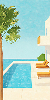 JPG 바다 일러스트 하늘 수영장 사람없음 파란색 야자수 풀 선베드 국내일러스트 AI일러스트 AI콘텐츠 나무 식물 컬러 의자 파일형식