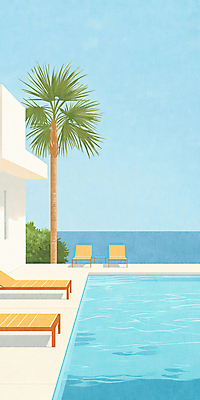 JPG 바다 일러스트 하늘 수영장 사람없음 파란색 야자수 풀 선베드 국내일러스트 AI일러스트 AI콘텐츠 나무 식물 컬러 의자 파일형식