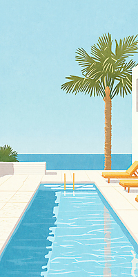JPG 바다 일러스트 사다리 하늘 수영장 사람없음 파란색 야자수 반사 풀 선베드 국내일러스트 AI일러스트 AI콘텐츠 나무 식물 컬러 의자 도구 파일형식