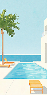 JPG 바다 일러스트 하늘 수영장 사람없음 파란색 야자수 선베드 국내일러스트 AI일러스트 AI콘텐츠 나무 컬러 의자 파일형식