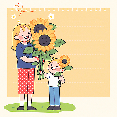 전신 여자 남자 행복 종이 어린이 일러스트 해바라기 사랑 미소 들기 소년 잔디 성인 두명 노란색 하트 잡기 국내일러스트 AI파일 모자관계 모양 식물 꽃 감정 아들 컬러 가족 모션 엄마 표정 사람 파일형식 벡터