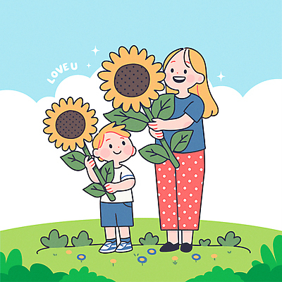 전신 구름 여자 남자 행복 어린이 일러스트 하늘 해바라기 사랑 미소 들기 소년 성인 두명 반짝임 풀 국내일러스트 AI파일 모자관계 자연요소 식물 꽃 감정 아들 가족 모션 엄마 표정 사람 파일형식 벡터