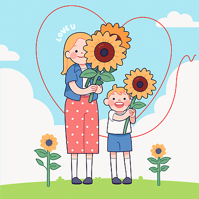 전신 구름 여자 남자 행복 어린이 일러스트 하늘 해바라기 사랑 미소 들기 소년 잔디 성인 두명 하트 국내일러스트 AI파일 모자관계 자연요소 모양 식물 꽃 감정 아들 가족 모션 엄마 표정 사람 파일형식 벡터