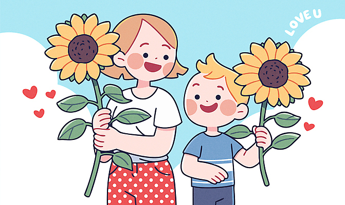 구름 여자 남자 행복 어린이 일러스트 하늘 해바라기 사랑 미소 들기 소년 성인 두명 하트 국내일러스트 AI파일 모자관계 자연요소 모양 꽃 감정 아들 가족 모션 엄마 표정 사람 파일형식 벡터