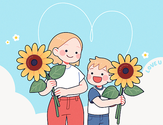 구름 여자 남자 행복 어린이 일러스트 하늘 해바라기 사랑 미소 들기 소년 성인 두명 하트 국내일러스트 AI파일 모자관계 자연요소 모양 꽃 감정 아들 가족 모션 엄마 표정 사람 파일형식 벡터