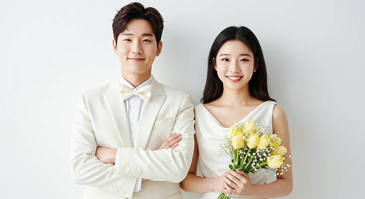 JPG 편집이미지 여자 남자 행복 신부 부케 웨딩드레스 신랑 결혼 사랑 미소 들기 턱시도 상반신 성인 두명 팔짱 의료성형뷰티 성인만 편집실사 AI인물포토 AI콘텐츠 드레스 감정 꽃다발 모션 표정 사람 정장 이벤트 CG 파일형식 AI포토