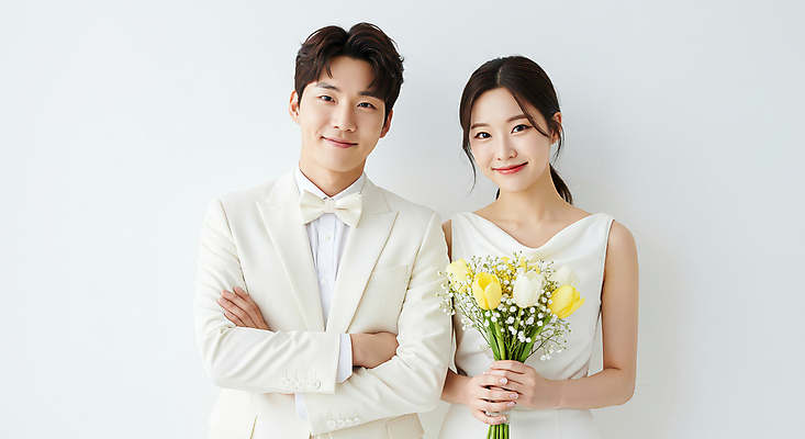 JPG 편집이미지 여자 남자 행복 신부 부케 웨딩드레스 신랑 결혼 사랑 미소 들기 턱시도 상반신 성인 두명 팔짱 의료성형뷰티 성인만 편집실사 AI인물포토 AI콘텐츠 드레스 감정 꽃다발 모션 표정 사람 정장 이벤트 CG 파일형식 AI포토