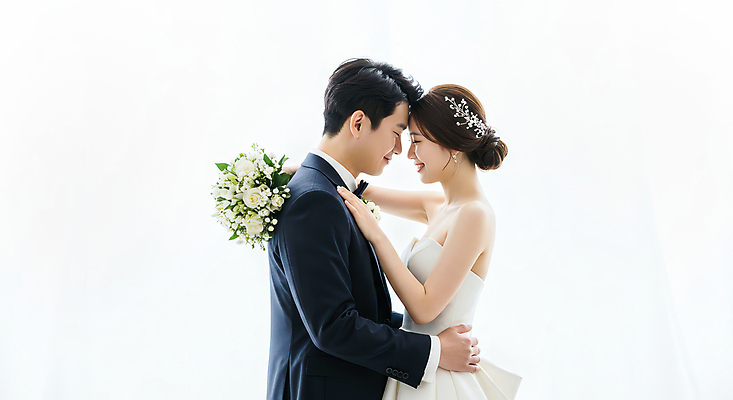 JPG 편집이미지 여자 남자 행복 신부 부케 웨딩드레스 허리손 신랑 결혼 사랑 미소 들기 턱시도 상반신 성인 두명 눈감음 의료성형뷰티 성인만 머리맞대기 편집실사 AI인물포토 AI콘텐츠 드레스 감정 꽃다발 포즈 모션 표정 사람 정장 이벤트 CG 파일형식 AI포토
