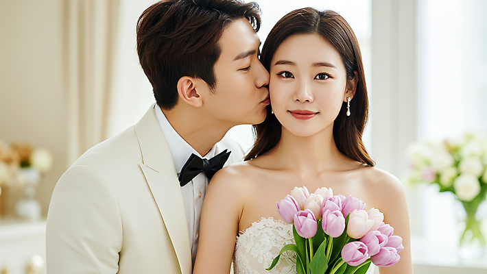 JPG 편집이미지 여자 남자 행복 신부 부케 웨딩드레스 신랑 결혼 키스 사랑 미소 턱시도 상반신 성인 두명 의료성형뷰티 성인만 편집실사 AI인물포토 AI콘텐츠 드레스 감정 꽃다발 표정 사람 정장 이벤트 CG 애정표현 파일형식 AI포토