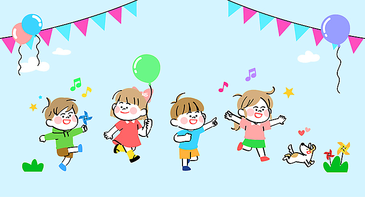 전신 여자 기념일 남자 어린이 하늘색 일러스트 팔벌리기 들기 소녀 소년 여러명 걷기 축하 강아지 어린이날 풍선 가랜드 어린이만 국내일러스트 AI파일 다수 컨셉 모션 사람 이벤트 파란색 반려동물 개 파티용품 파일형식 벡터