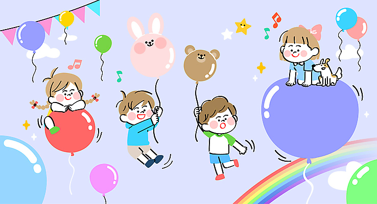 전신 여자 기념일 남자 어린이 무지개 일러스트 소녀 소년 여러명 비행 축하 잡기 강아지 떠있는 어린이날 풍선 가랜드 어린이만 국내일러스트 AI파일 자연요소 다수 컨셉 모션 사람 이벤트 반려동물 개 파티용품 파일형식 벡터