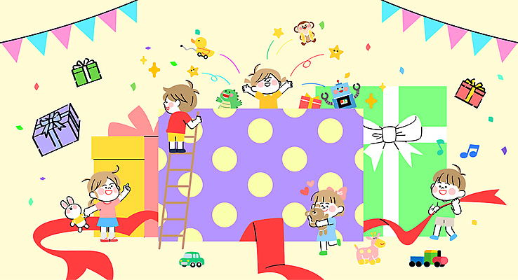 전신 여자 기념일 남자 리본 어린이 인형 일러스트 포장 사다리 선물 들기 소녀 소년 여러명 선물상자 장난감 만세 축하 잡기 어린이날 오르기 풍선 가랜드 어린이만 국내일러스트 AI파일 다수 컨셉 모션 사람 이벤트 상자 도구 파티용품 파일형식 벡터