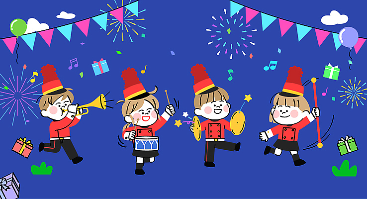 전신 여자 기념일 남자 어린이 악기 음악 연주 일러스트 들기 소녀 소년 여러명 축하 악단 어린이날 나팔 북 지휘봉 풍선 심벌즈 가랜드 퍼레이드 행진 어린이만 국내일러스트 AI파일 다수 컨셉 모션 문화예술 타악기 사람 이벤트 파티용품 파일형식 벡터