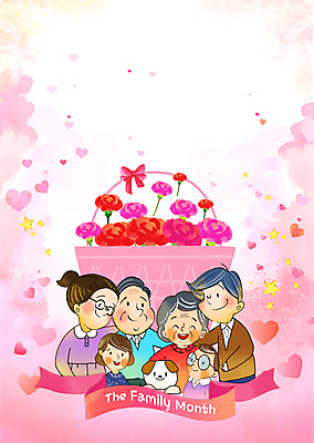 PSD 노년 별 어린이 분홍색 일러스트 가족 어깨동무 주택 소녀 소년 여러명 성인 부모 강아지 어버이날 카네이션 감사 꽃바구니 가정의달 어깨에손 국내일러스트 자연요소 여자 기념일 남자 꽃 감정 컬러 포즈 다수 관계 모션 사람 건물 반려동물 바구니 개 5월 파일형식