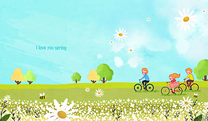 PSD 여자 남자 어린이 일러스트 봄꽃 소녀 소년 초원 세명 자전거 봄 승차 언덕 어린이만 국내일러스트 계절 꽃 모션 사람 바이크 파일형식