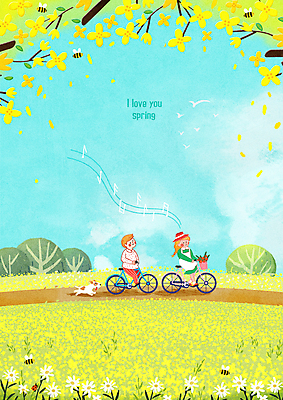 PSD 여자 남자 어린이 일러스트 봄꽃 소녀 소년 두명 자전거 봄 강아지 승차 개나리 어린이만 국내일러스트 계절 꽃 모션 사람 반려동물 바이크 개 파일형식