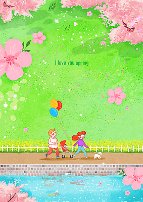 PSD 구름 부부 커플 여자 남자 일러스트 봄꽃 성인 세명 걷기 봄 산책 아기 잡기 강아지 언덕 유모차 풍선 목줄 국내일러스트 자연요소 계절 꽃 관계 모션 휴식 사람 반려동물 아기용품 개 파일형식 반려용품