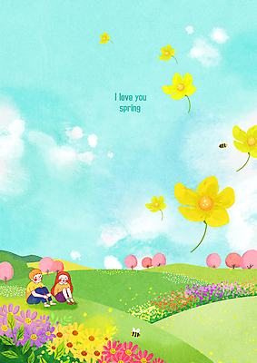 PSD 구름 커플 여자 남자 일러스트 봄꽃 앉기 초원 성인 두명 봄 언덕 성인만 국내일러스트 자연요소 계절 꽃 관계 모션 사람 파일형식