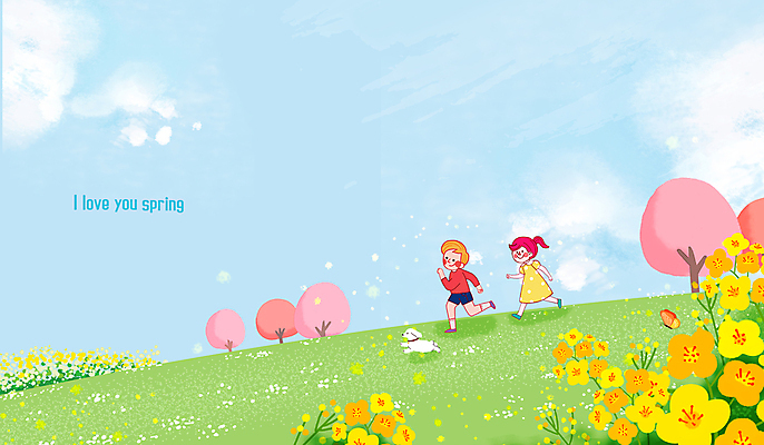 PSD 구름 여자 남자 어린이 일러스트 봄꽃 소녀 소년 두명 달리기 봄 강아지 언덕 어린이만 국내일러스트 자연요소 계절 꽃 모션 사람 반려동물 개 파일형식