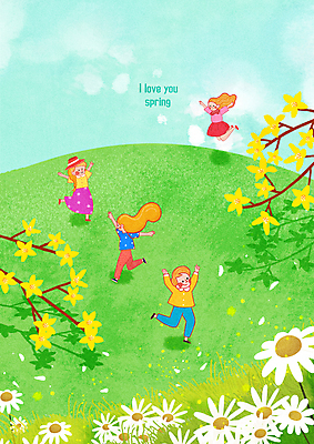 PSD 구름 여자 남자 어린이 일러스트 봄꽃 소녀 소년 여러명 달리기 점프 봄 개나리 언덕 즐거움 어린이만 국내일러스트 자연요소 계절 꽃 감정 다수 모션 사람 파일형식