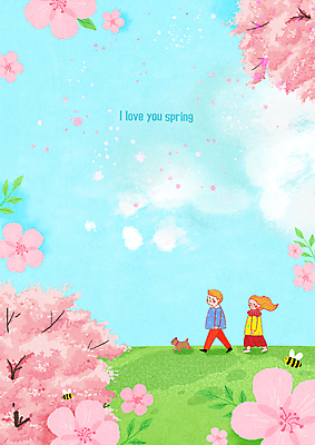 PSD 여자 남자 어린이 일러스트 봄꽃 소녀 소년 두명 걷기 봄 벚꽃 강아지 벌 어린이만 국내일러스트 계절 꽃 곤충 모션 사람 반려동물 개 파일형식