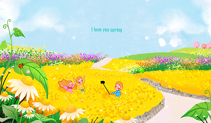 PSD 커플 여자 남자 어린이 일러스트 봄꽃 들기 소녀 소년 세명 사진촬영 축제 봄 만세 셀프카메라 셀카봉 어린이만 국내일러스트 계절 꽃 관계 모션 사람 촬영 파일형식