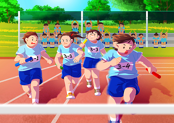 전신 PSD 여자 남자 어린이 일러스트 응원 들기 앉기 소녀 소년 여러명 파란색 달리기 손들기 주먹 만세 계주 즐거움 체육대회 골인 결승선 운동회날 어린이만 배턴 국내일러스트 감정 스포츠용품 컬러 다수 모션 사람 육상스포츠 체육 대회 파일형식
