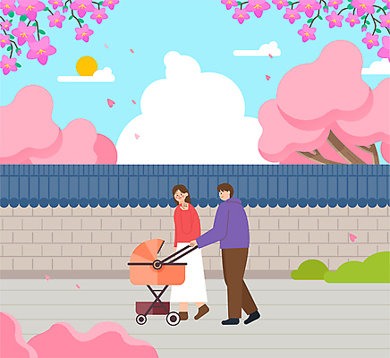 전신 구름 부부 여자 남자 꽃잎 일러스트 하늘 꽃나무 미소 성인 두명 태양 손들기 걷기 봄풍경 산책 풀 당기기 벚나무 유모차 성인만 기와담장 흩날리기 국내일러스트 AI파일 자연요소 나무 식물 커플 꽃 모션 휴식 표정 기와 사람 풍경 담장 봄 아기용품 벚꽃 파일형식 벡터