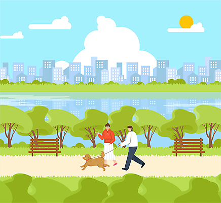 전신 나무 구름 커플 여자 남자 반려견 벤치 일러스트 하늘 미소 잔디 성인 두명 강 달리기 태양 반사 걷기 봄풍경 산책 가리킴 잡기 도시 강아지 목줄 성인만 국내일러스트 AI파일 자연요소 식물 의자 관계 모션 휴식 표정 사람 풍경 손짓 반려동물 봄 개 파일형식 벡터 반려용품