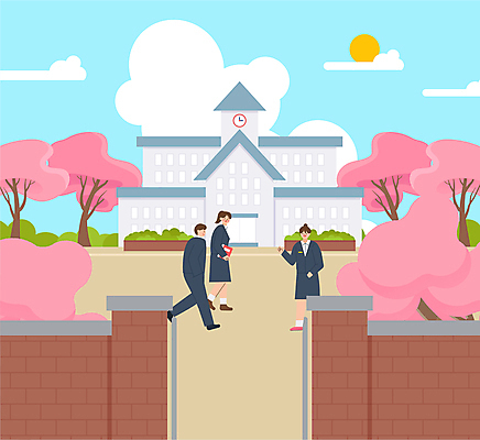 전신 구름 여자 남자 교복 일러스트 청소년 하늘 미소 들기 책 세명 친구 태양 손들기 봄풍경 풀 벚나무 주머니손 교문 십대만 국내일러스트 AI파일 자연요소 나무 식물 옷 학교 관계 모션 표정 사람 풍경 봄 벚꽃 파일형식 벡터