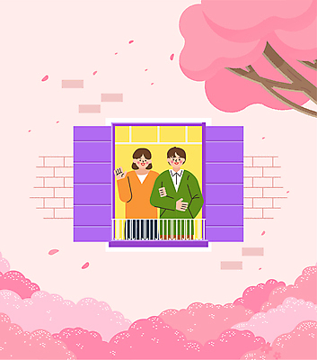 여자 남자 꽃잎 벽 일러스트 창문 난간 미소 성인 두명 팔짱 봄풍경 벚나무 주머니손 손인사 성인만 흩날리기 국내일러스트 AI파일 나무 꽃 모션 표정 사람 풍경 봄 벚꽃 인사 파일형식 벡터