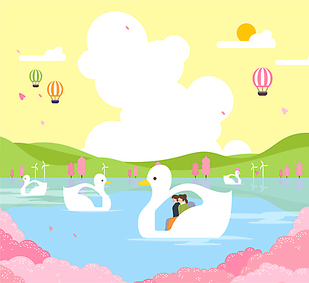 구름 커플 여자 남자 꽃잎 호수 일러스트 하늘 산 미소 성인 두명 태양 봄풍경 열기구 벚나무 승차 풍력기 오리배 성인만 흩날리기 국내일러스트 AI파일 자연요소 나무 꽃 관계 항공교통 모션 표정 사람 풍경 봄 벚꽃 풍력에너지 파일형식 벡터