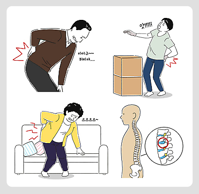 전신 여자 남자 중년 쿠션 일러스트 사람모양 성인 세명 소파 잡기 찡그림 척추 허리디스크 택배상자 허리부상 허리통증 국내일러스트 AI파일 모양 의자 모션 뼈 표정 사람 상자 고통 디스크_질병 상처 택배 파일형식 벡터
