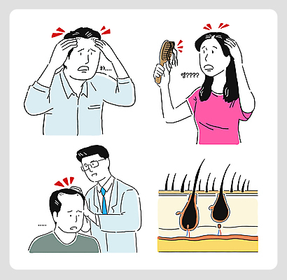 여자 남자 중년 일러스트 스트레스 들기 여러명 상반신 성인 머리카락 놀람 진료 머리빗 의사가운 한숨 걱정 빗질 두피 탈모 탈모클리닉 국내일러스트 AI파일 감정 다수 의학 모션 표정 사람 머리 의사 미용용품 가운 클리닉 증상 파일형식 벡터