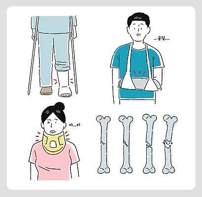 여자 남자 일러스트 뼈 상반신 성인 신체부위 세명 손상 고통 하반신 다리 잡기 균열 붕대 목발 깁스 골절 보조기구 성인만 목보호대 국내일러스트 AI파일 감정 컨셉 의학 의료기기 모션 사람 기구 의료용품 보호장비 파일형식 벡터