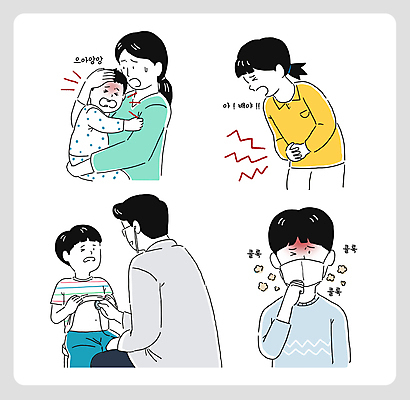 여자 남자 어린이 일러스트 청진기 안기 허리숙이기 마스크 들기 앉기 소녀 소년 여러명 성인 고통 의사 열 울음 감기 두통 당황 기침 복통 국내일러스트 AI파일 감정 다수 의료기기 모션 표정 숙이기 사람 의료진 질병 파일형식 벡터