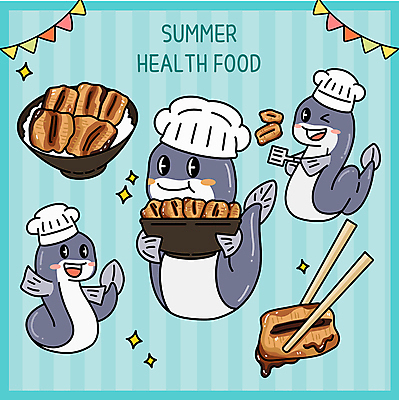 그릇 하늘색 일러스트 젓가락 여름음식 요리사모자 윙크 미소 들기 사람없음 반짝임 손들기 음식캐릭터 뒤집개 보양식 장어구이 가랜드 장어덮밥 장어캐릭터 일러캐릭터 AI파일 캐릭터 모자_잡화 식기 음식 모션 주방용품 수저 표정 파란색 요리사 장어 파티용품 덮밥 생선요리 몸보신 파일형식 벡터 여름_계절