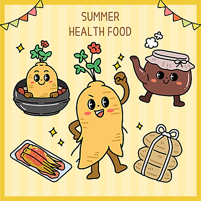 접시 허리손 일러스트 여름음식 미소 사람없음 반짝임 노란색 파이팅 끈 수증기 한약 뚝배기 음식캐릭터 보양식 무침 약탕기 가랜드 인삼캐릭터 일러캐릭터 AI파일 캐릭터 식기 음식 컬러 포즈 모션 주방용품 표정 약 파티용품 몸보신 파일형식 벡터 여름_계절