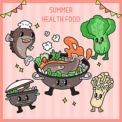 분홍색 일러스트 여름음식 요리사모자 미소 사람없음 반짝임 손들기 뚜껑 냄비 수증기 음식캐릭터 메롱 팽이버섯 보양식 매운탕 가랜드 배추캐릭터 우럭 일러캐릭터 AI파일 캐릭터 모자_잡화 음식 컬러 모션 표정 어류 요리사 버섯 솥 파티용품 탕 몸보신 파일형식 벡터 여름_계절