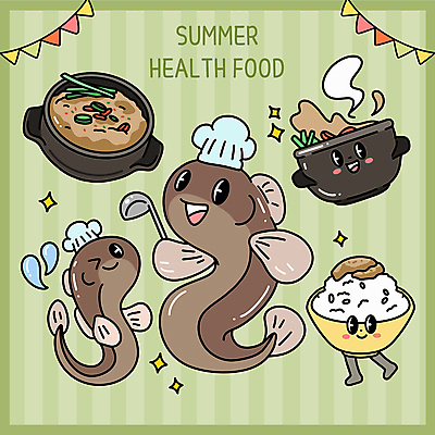 일러스트 여름음식 요리사모자 윙크 미소 들기 사람없음 초록색 반짝임 물방울 국자 뚝배기 음식캐릭터 보양식 밥그릇 쌀밥 가랜드 미꾸라지 추어탕 일러캐릭터 AI파일 캐릭터 모자_잡화 그릇 한식 음식 컬러 모션 밥 주방용품 표정 요리사 파티용품 탕 몸보신 파일형식 벡터 여름_계절