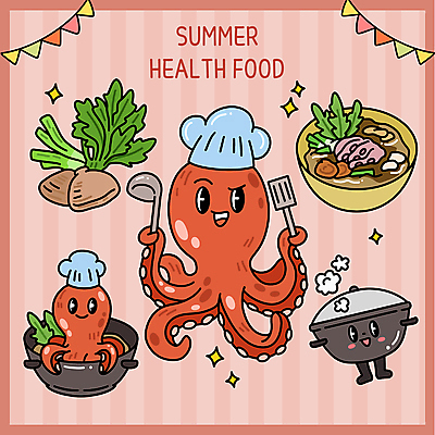 그릇 일러스트 조개 여름음식 요리사모자 미소 들기 사람없음 빨간색 반짝임 뚜껑 냄비 수증기 국자 음식캐릭터 뒤집개 문어 보양식 미나리 가랜드 연포탕 일러캐릭터 AI파일 캐릭터 모자_잡화 식기 음식 컬러 채소 모션 주방용품 어패류 연체동물 표정 요리사 수중동물 솥 파티용품 탕 몸보신 파일형식 벡터 여름_계절