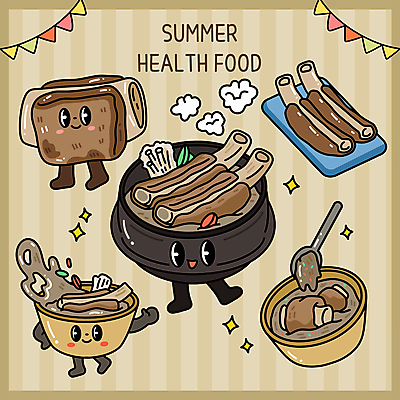 그릇 접시 일러스트 여름음식 미소 사람없음 반짝임 갈색 손들기 숟가락 수증기 뚝배기 음식캐릭터 보양식 갈비탕 가랜드 소갈비 일러캐릭터 AI파일 캐릭터 식기 한식 음식 컬러 모션 수저 표정 소고기 파티용품 탕 몸보신 파일형식 벡터 여름_계절