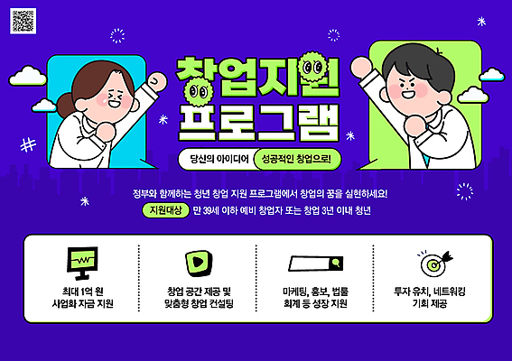 PSD 구름 템플릿 여자 남자 말풍선 미소 상반신 청년 두명 파란색 손들기 창업 QR코드 정부정책 정책 프로그램 청년만 창업지원 이미지템플릿 자연요소 컬러 모션 표정 사람 성인 자영업 지원 성인만 파일형식