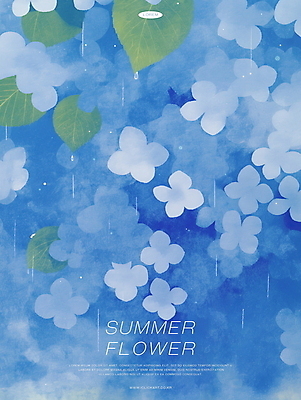 PSD 잎 일러스트 여름꽃 자연 수채화 사람없음 파란색 고요 여름풍경 감성 수국 국내일러스트 식물 꽃 컬러 컨셉 풍경 생태계 파일형식 여름_계절