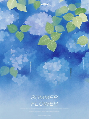 PSD 잎 일러스트 여름꽃 자연 수채화 사람없음 파란색 고요 여름풍경 감성 수국 국내일러스트 식물 꽃 컬러 컨셉 풍경 생태계 파일형식 여름_계절