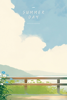 PSD 구름 바다 일러스트 하늘 수채화 산 사람없음 여름풍경 들꽃 풀 시원함 감성 나무울타리 청량 국내일러스트 자연요소 식물 꽃 컨셉 풍경 울타리 파일형식 여름_계절