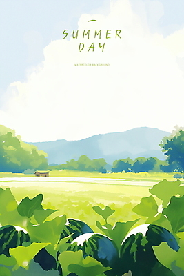 PSD 나무 구름 일러스트 하늘 수채화 산 수박 주택 사람없음 햇빛 여름풍경 시원함 감성 수박밭 청량 국내일러스트 자연요소 식물 컨셉 밭 과일 풍경 건물 태양 파일형식 여름_계절