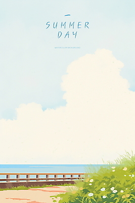 PSD 구름 길 바다 일러스트 하늘 수채화 사람없음 햇빛 여름풍경 들꽃 풀 시원함 감성 나무울타리 수평선 청량 국내일러스트 자연요소 식물 꽃 컨셉 풍경 울타리 태양 파일형식 여름_계절